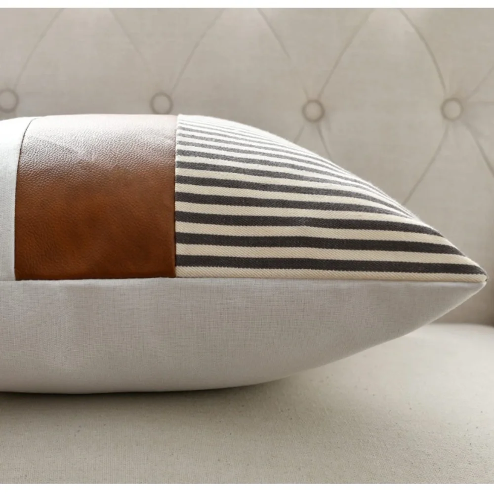 Luxury Home | Rustic Farmhouse Grey Striped Faux Leather Throw Pillow Covers